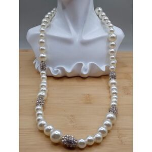 Vintage Large Faux Pearl and Barrel Shaped Rhinestone Stations Necklace